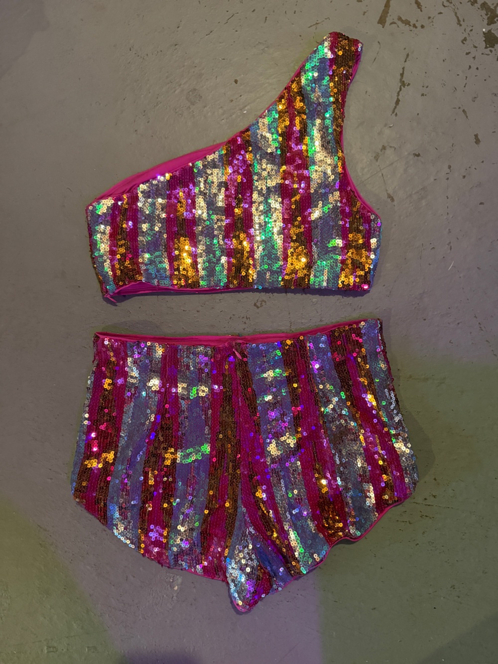 Nasty Gal One-Shoulder Sequin Shorts Set - Hot Pink Multicolor
